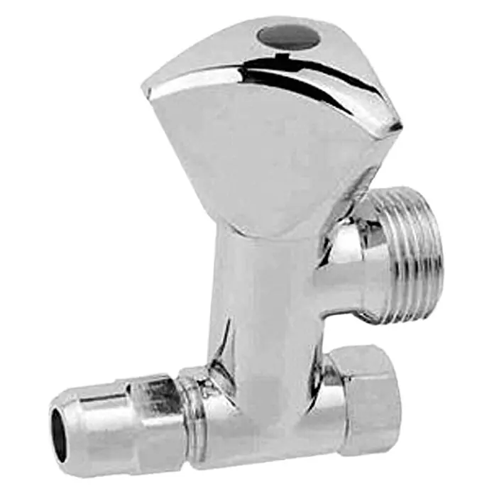 Eckventil Eckfix - ⅜″, Verchromt - Nahaufnahme eines glänzenden, verchromten Eckventils. Das Ventil verfügt über einen markanten Griff und Gewindeanschlüsse.