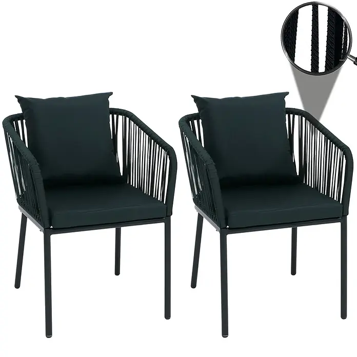 2er-Set Gartenstuhl | HxBxT 75x55x55cm | Sitzhöhe 48cm | wetterfest Aluminium Seilgeflecht Rope | Dunkelgrün | Outdoor Armlehne -  - Zwei dunkelgraue Gartenstühle mit Metallrahmen, geflochtenen Rückenlehnen und Armlehnen sowie passenden Kissen. Eine vergrößerte Ansicht zeigt die Textur des Flechtmaterials.
