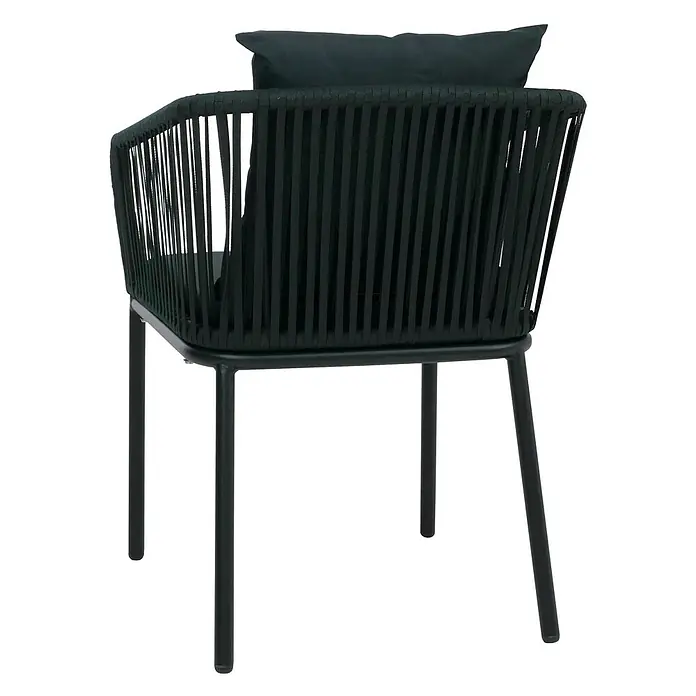 2er-Set Gartenstuhl | HxBxT 75x55x55cm | Sitzhöhe 48cm | wetterfest Aluminium Seilgeflecht Rope | Dunkelgrün | Outdoor Armlehne -  - Dunkelgrüner Outdoor-Sessel mit geflochtener Rückenlehne und Seiten sowie passenden Kissen. Er hat schwarze Metallbeine.