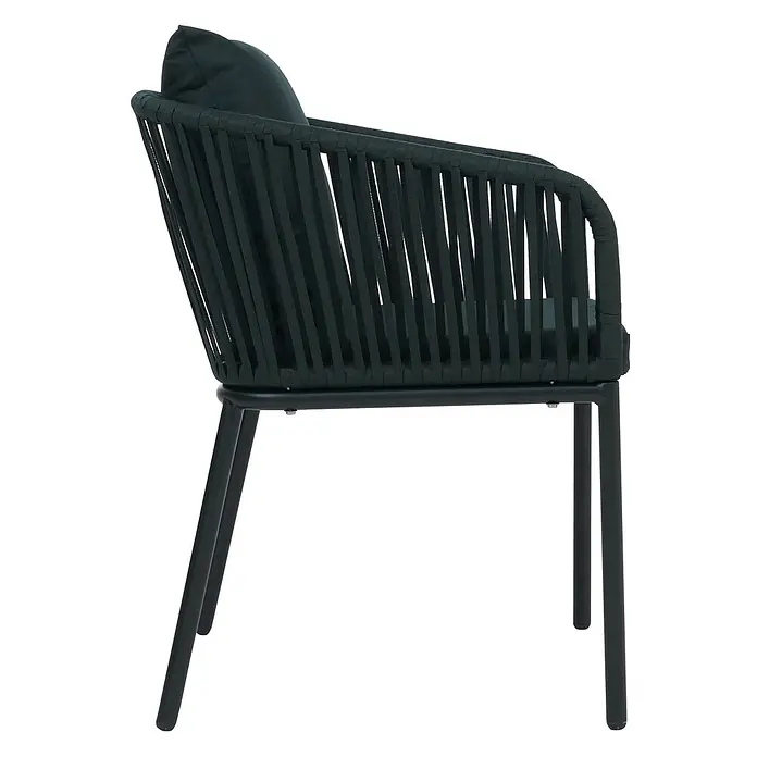 2er-Set Gartenstuhl | HxBxT 75x55x55cm | Sitzhöhe 48cm | wetterfest Aluminium Seilgeflecht Rope | Dunkelgrün | Outdoor Armlehne -  - Dunkelgrüner Stuhl mit geflochtener Seil-Rückenlehne und Armlehnen, getragen von schlanken Metallbeinen. Inklusive passendem Kissen.