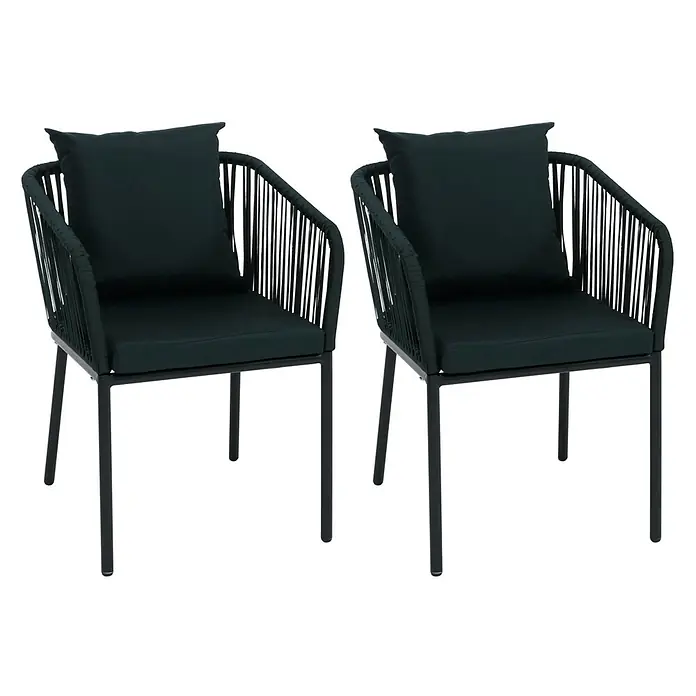 2er-Set Gartenstuhl | HxBxT 75x55x55cm | Sitzhöhe 48cm | wetterfest Aluminium Seilgeflecht Rope | Dunkelgrün | Outdoor Armlehne -  - Zwei dunkelgrüne Outdoor-Stühle mit Metallgestell, geflochtenen Seildetails und dunklen Sitz- und Rückenkissen.
