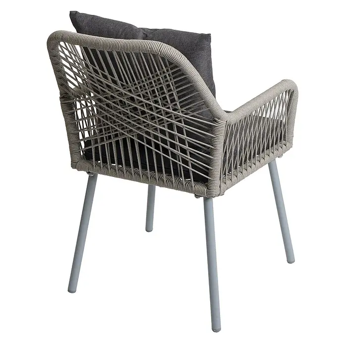 2er-Set Gartenstuhl | HxBxT 81x54x62cm | Sitzhöhe 46cm | Outdoor Sitz-/Rückenpolster Aluminium Seilgeflecht Rope | Grau -  - Grauer Outdoor-Sessel mit geflochtener Rückenlehne, Armlehnen, dunklen Kissen und Metallbeinen.