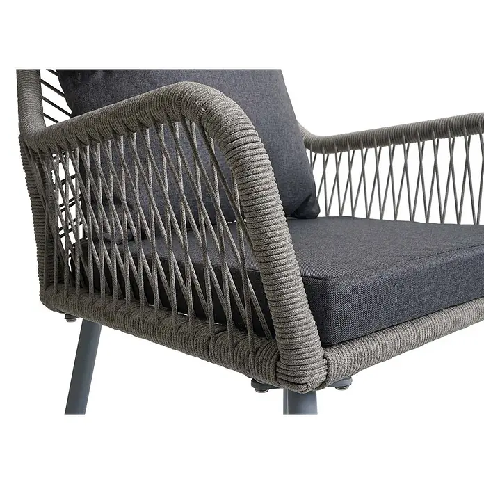 2er-Set Gartenstuhl | HxBxT 81x54x62cm | Sitzhöhe 46cm | Outdoor Sitz-/Rückenpolster Aluminium Seilgeflecht Rope | Grau -  - Nahaufnahme eines grauen, seilgewebten Outdoor-Sessels mit dunkelgrauen Stoffkissen.