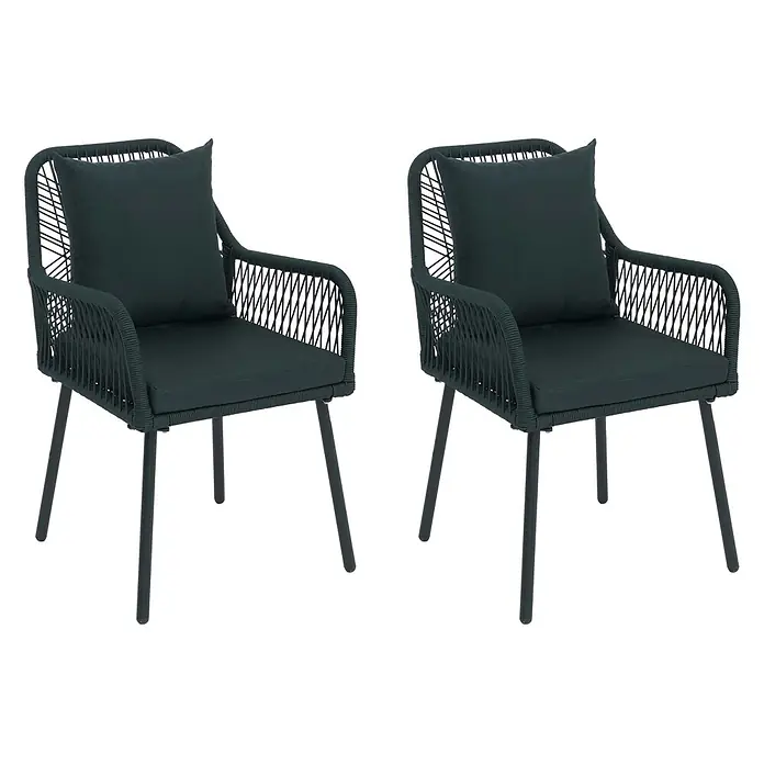 2er-Set Gartenstuhl | HxBxT 81x54x62cm | Outdoor Sitz-/Rückenpolster Aluminium Seilgeflecht Rope | Grün | Bezug Grün -  - Zwei dunkelgrüne Gartenstühle mit geflochtenen Seillehnen und Armlehnen sowie passenden Kissen.