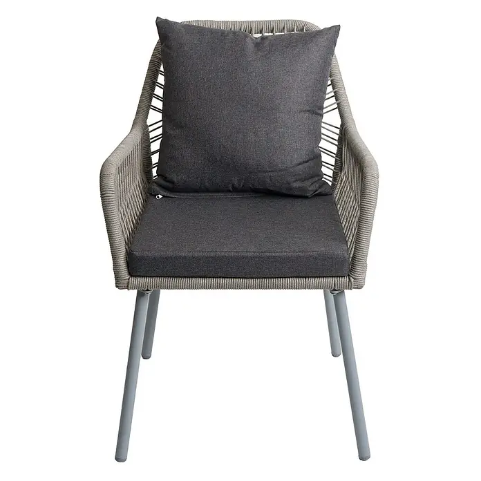 2er-Set Gartenstuhl | HxBxT 81x54x62cm | Sitzhöhe 46cm | Outdoor Sitz-/Rückenpolster Aluminium Seilgeflecht Rope | Grau -  - Grauer Sessel mit geflochtenen Kordel-Details und dunkelgrauen Stoffpolstern.