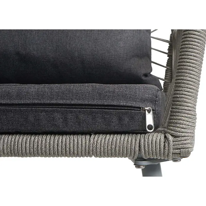 2er-Set Gartenstuhl | HxBxT 81x54x62cm | Sitzhöhe 46cm | Outdoor Sitz-/Rückenpolster Aluminium Seilgeflecht Rope | Grau -  - Dunkelgraue Stoffkissen mit Reißverschluss auf einem hellgrauen geflochtenen Seilrahmen.