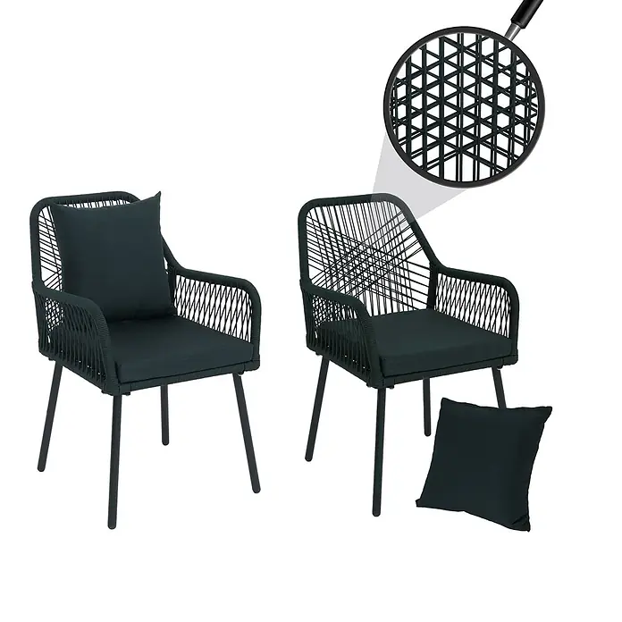 2er-Set Gartenstuhl | HxBxT 81x54x62cm | Outdoor Sitz-/Rückenpolster Aluminium Seilgeflecht Rope | Grün | Bezug Grün -  - Zwei dunkle geflochtene Gartenstühle mit Kissen. Eine vergrößerte Detailansicht zeigt das aufwendige Flechtmuster.