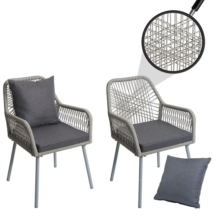 2er-Set Gartenstuhl | HxBxT 81x54x62cm | Sitzhöhe 46cm | Outdoor Sitz-/Rückenpolster Aluminium Seilgeflecht Rope | Grau -  - Zwei graue Flechtstühle mit Kissen, die feine Seildetails zeigen.