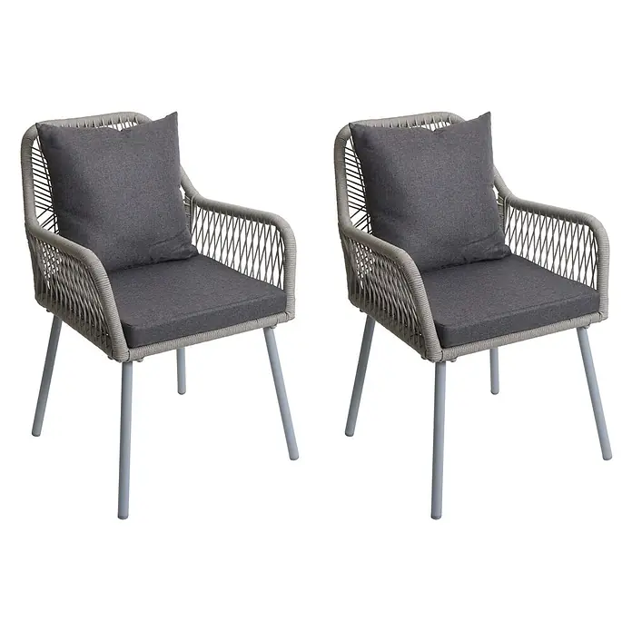 2er-Set Gartenstuhl | HxBxT 81x54x62cm | Sitzhöhe 46cm | Outdoor Sitz-/Rückenpolster Aluminium Seilgeflecht Rope | Grau -  - Zwei graue Stühle mit geflochtenen Seilrahmen, dunkelgrauen Stoffkissen und Metallbeinen.