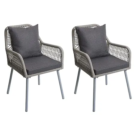 2er-Set Gartenstuhl | HxBxT 81x54x62cm | Sitzhöhe 46cm | Outdoor Sitz-/Rückenpolster Aluminium Seilgeflecht Rope | Grau