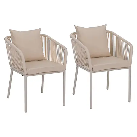 2er-Set Gartenstuhl | HxBxT 75x55x55cm | Sitzhöhe 48cm | wetterfest Aluminium Seilgeflecht Rope | Creme | Outdoor Armlehne