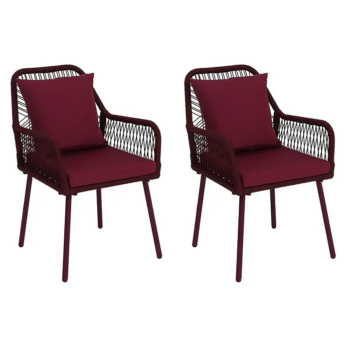 2er-Set Gartenstuhl | HxBxT 81x54x62cm | Outdoor Sitz-/Rückenpolster Aluminium Seilgeflecht Rope | Bordeaux | Bezug Bordeaux -  - Zwei bordeauxrote Sessel mit geflochtener Struktur und passenden Kissen.