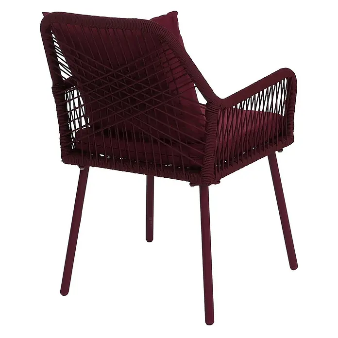 2er-Set Gartenstuhl | HxBxT 81x54x62cm | Outdoor Sitz-/Rückenpolster Aluminium Seilgeflecht Rope | Bordeaux | Bezug Bordeaux -  - Burgunderroter Gartenstuhl aus geflochtenem Seil mit passenden Kissen und Metallbeinen, von hinten rechts gesehen.