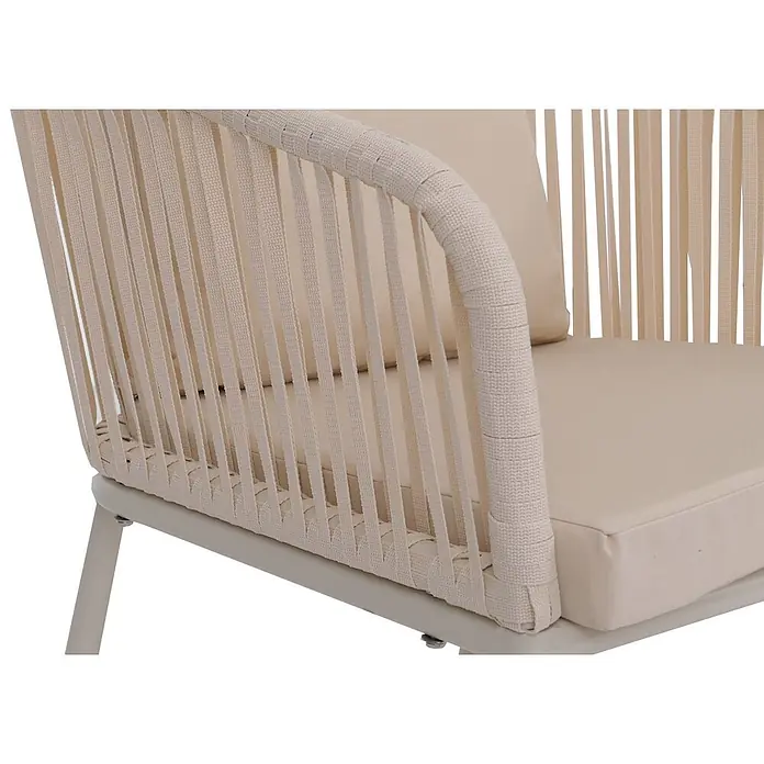 2er-Set Gartenstuhl | HxBxT 75x55x55cm | Sitzhöhe 48cm | wetterfest Aluminium Seilgeflecht Rope | Creme | Outdoor Armlehne -  - Cremefarbener Outdoor-Sessel mit geflochtenen Gurtdetails und weichen Kissen auf hellem Metallgestell.