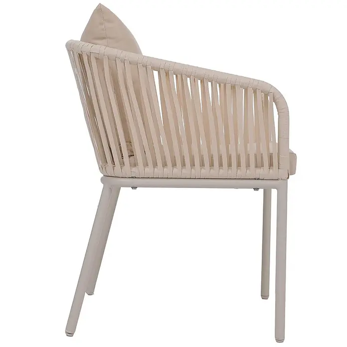2er-Set Gartenstuhl | HxBxT 75x55x55cm | Sitzhöhe 48cm | wetterfest Aluminium Seilgeflecht Rope | Creme | Outdoor Armlehne -  - Beiger Outdoor-Sessel mit geflochtener Rückenlehne, Metallgestell und passendem Kissen.