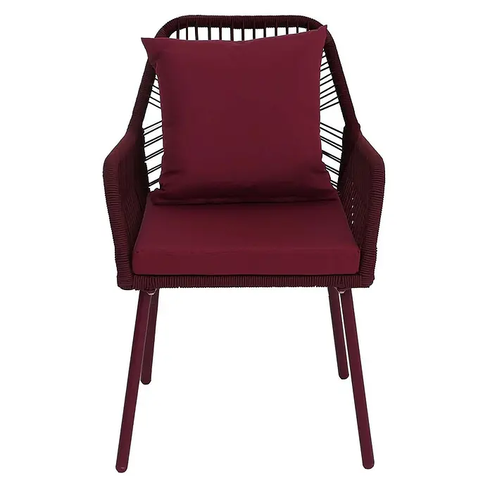 2er-Set Gartenstuhl | HxBxT 81x54x62cm | Outdoor Sitz-/Rückenpolster Aluminium Seilgeflecht Rope | Bordeaux | Bezug Bordeaux -  - Burgunderfarbener Sessel mit geflochtenem Rahmen und passenden Sitz- und Rückenkissen.