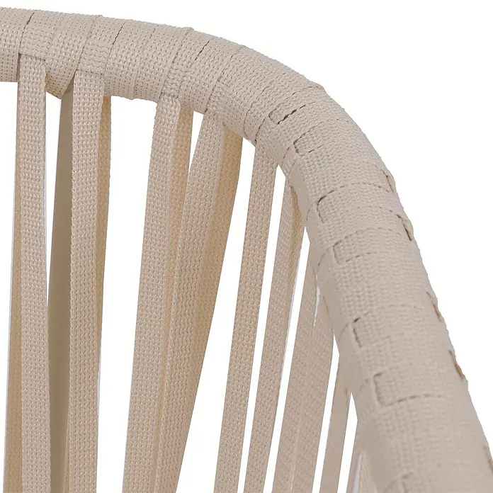 2er-Set Gartenstuhl | HxBxT 75x55x55cm | Sitzhöhe 48cm | wetterfest Aluminium Seilgeflecht Rope | Creme | Outdoor Armlehne -  - Nahaufnahme eines gebogenen beigen Möbelrahmens aus gewebten Stoffbändern.