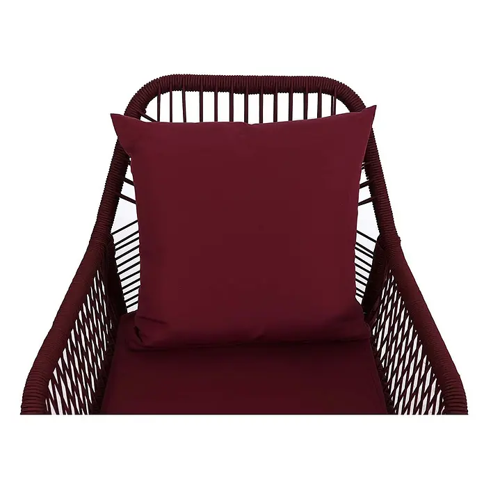 2er-Set Gartenstuhl | HxBxT 81x54x62cm | Outdoor Sitz-/Rückenpolster Aluminium Seilgeflecht Rope | Bordeaux | Bezug Bordeaux -  - Dunkelroter Stuhl mit geflochtenem Gestell und passendem Sitzkissen und Rückenkissen.