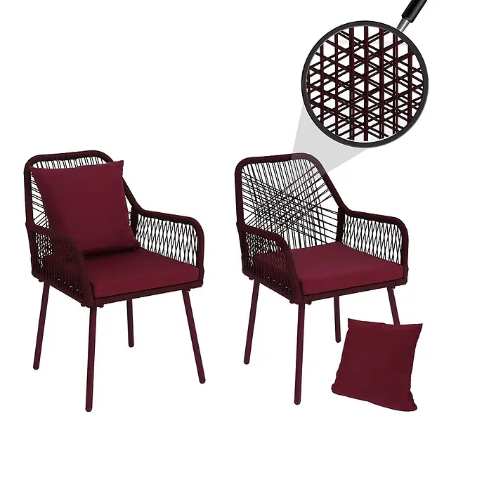 2er-Set Gartenstuhl | HxBxT 81x54x62cm | Outdoor Sitz-/Rückenpolster Aluminium Seilgeflecht Rope | Bordeaux | Bezug Bordeaux -  - Zwei bordeauxrote Seil-geflochtene Stühle mit passenden Kissen und Metallbeinen.