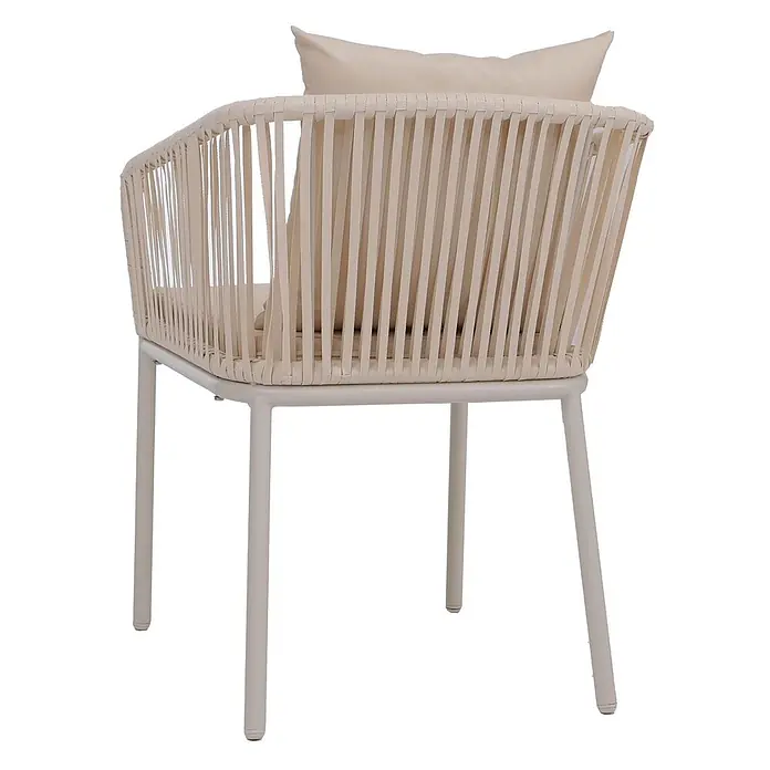 2er-Set Gartenstuhl | HxBxT 75x55x55cm | Sitzhöhe 48cm | wetterfest Aluminium Seilgeflecht Rope | Creme | Outdoor Armlehne -  - Beiger Outdoor-Sessel mit geflochtenen Bändern, hellem Metallrahmen und passendem Kissen.