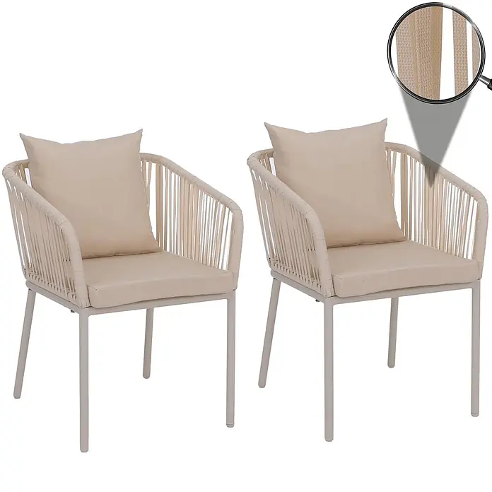 2er-Set Gartenstuhl | HxBxT 75x55x55cm | Sitzhöhe 48cm | wetterfest Aluminium Seilgeflecht Rope | Creme | Outdoor Armlehne -  - Zwei hellbeige Gartenstühle mit geflochtenen Seilrücken und Armlehnen, passenden Sitz- und Rückenkissen auf hellgrauem Metallrahmen.
