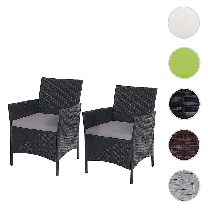 Mendler Gartenstuhl-Set - 2 Stk., Polyrattan, Anthrazit, B x T x H: 59 x 60 x 83 cm - Zwei schwarze Gartenstühle aus Polyrattan mit grauen Sitzkissen.