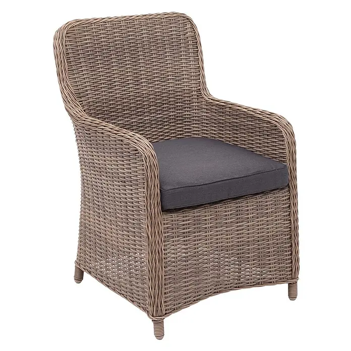 Mendler Gartensessel HWC-E98 - 2 Stk., Polyrattan, Beige, Kissen grau, B x T x H: 63 x 63 x 94 cm - Taupefarbener, geflochtener Korbsessel mit dunkelgrauem Sitzkissen.