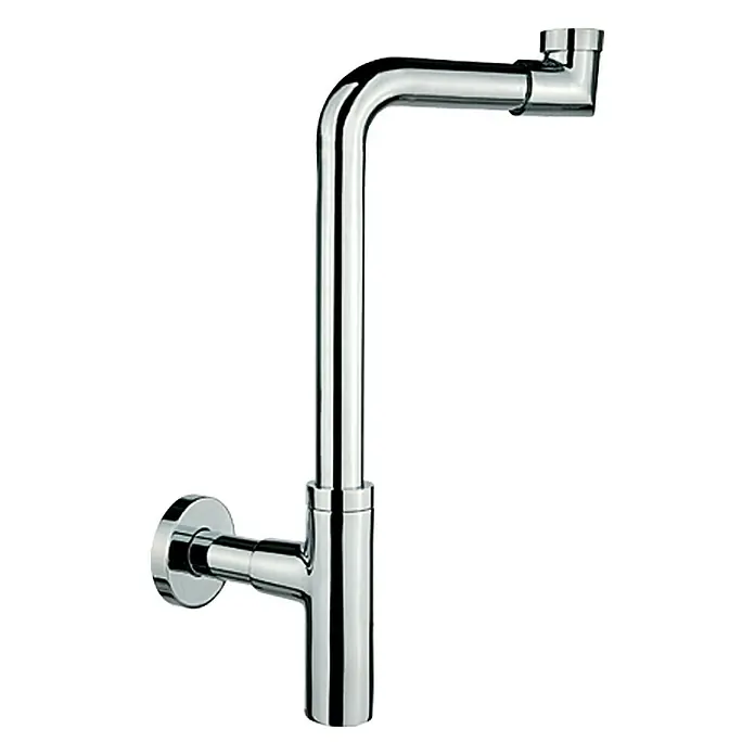 Bäderwelt Waschtisch-Siphon Rhodos - 1 ¼″, Durchmesser: 32 mm, Verchromt - Bild einer glänzenden Chrom-Siphon, die ein typisches Sanitärprodukt für Waschbecken darstellt.\n