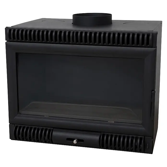 Insert de leña Koni - L x An x Al: 44,5 x 80 x 58,3 cm, 11,6 kW, 295 m³, Negro - Inserto de chimenea metálico negro con puerta de cristal, conexión superior y palanca de control de aire.