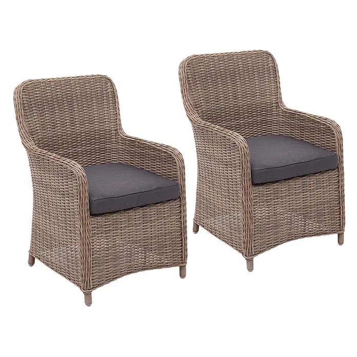 Mendler Gartensessel HWC-E98 - 2 Stk., Polyrattan, Beige, Kissen grau, B x T x H: 63 x 63 x 94 cm - Zwei braune Polyrattan-Gartensessel mit dunkelgrauen Auflagen für bequemes Sitzen im Freien.