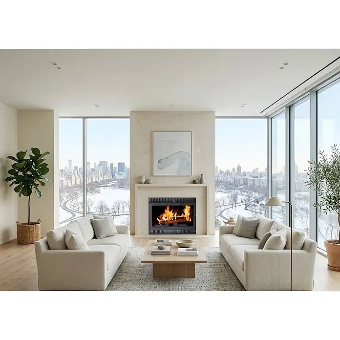 Insert de leña Koni - L x An x Al: 44,5 x 80 x 58,3 cm, 11,6 kW, 295 m³, Negro - Sofás de tela clara y mesa de centro de madera en un salón moderno con chimenea y vistas a la ciudad.