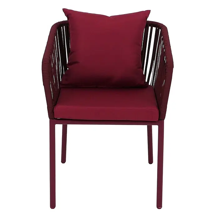 2er-Set Gartenstuhl | HxBxT 75x55x55cm | Sitzhöhe 48cm | wetterfest Aluminium Seilgeflecht Rope | Bordeaux | Outdoor Armlehne -  - Roter Sessel mit geflochtener Rückenlehne und Armlehnen, mit passenden Stoff-Sitz- und Rückenkissen.