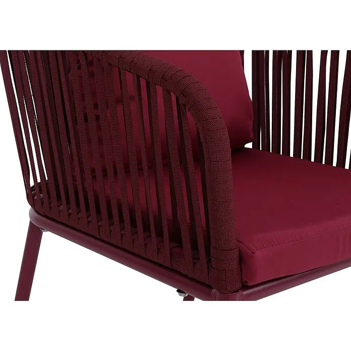 Mendler Gartenstuhl-Set HWC-N41 - 2 Stk., Textil, Bordeaux, Kissen bordeaux, B x T x H: 55 x 55 x 75 cm - Burgunderroter Outdoor-Stuhl mit geflochtenen Seilseiten, Rückenlehne und passenden Sitz- und Rückenkissen.