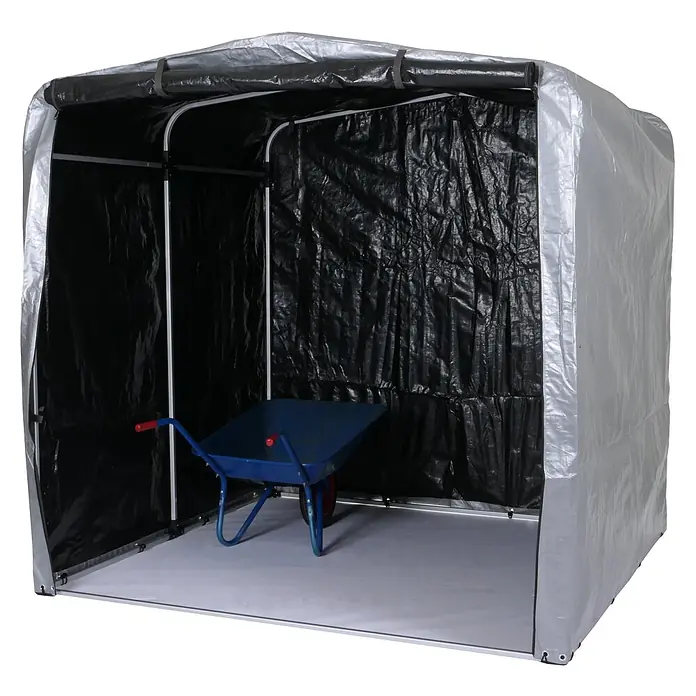 Gerätehaus | HxBxT 201x201x201cm | Gartenschuppen Geräteschuppen Gartenhaus | Silber | Alu UV-Schutz wasserfest -  - Tragbarer Lagerunterstand aus grauer und schwarzer Plane mit blauer Schubkarre.