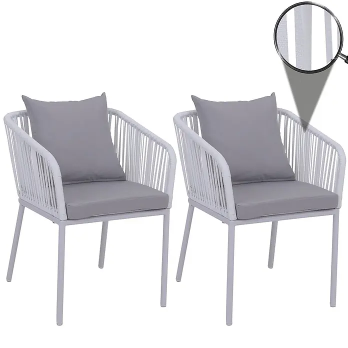 2er-Set Gartenstuhl | HxBxT 75x55x55cm | Sitzhöhe 48cm | wetterfest Aluminium Seilgeflecht Rope | Hellgrau | Outdoor Armlehne -  - Zwei weiße Outdoor-Stühle mit geflochtenen Seilseiten und grauen Kissen.