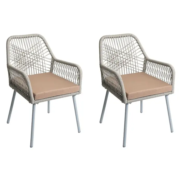Mendler 2er-Set Gartenstuhl HWC-O12 Sitzpolster - grau, Bezug Taupe -  - Zwei moderne Stühle mit grau geflochtenen Seilrahmen, hellbraunen Kissen und hellgrauen Metallbeinen.
