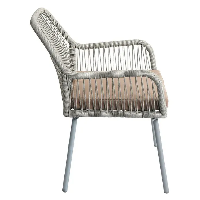 2er-Set Gartenstuhl | HxBxT 81x54x62cm | Sitzhöhe 46cm | Outdoor Sitzpolster Aluminium Seilgeflecht Rope | Grau -  - Grauer seilgeflochtener Stuhl mit hellbraunem Kissen und hellgrauen Metallbeinen.