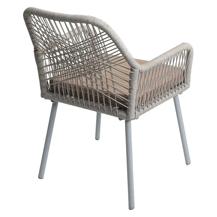 Mendler 2er-Set Gartenstuhl HWC-O12 Sitzpolster - grau, Bezug Taupe -  - Grauer geflochtener Outdoor-Stuhl mit Metallbeinen und hellbraunem Kissen.
