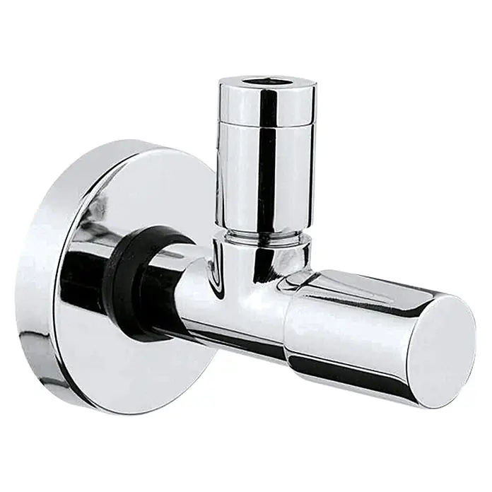 Bäderwelt Eckventil Samos - ½″, Durchmesser: 10 mm, Verchromt - Nahaufnahme eines glänzenden Eckventils aus Chrom mit schwarzer Gummidichtung und zylindrischem Design.