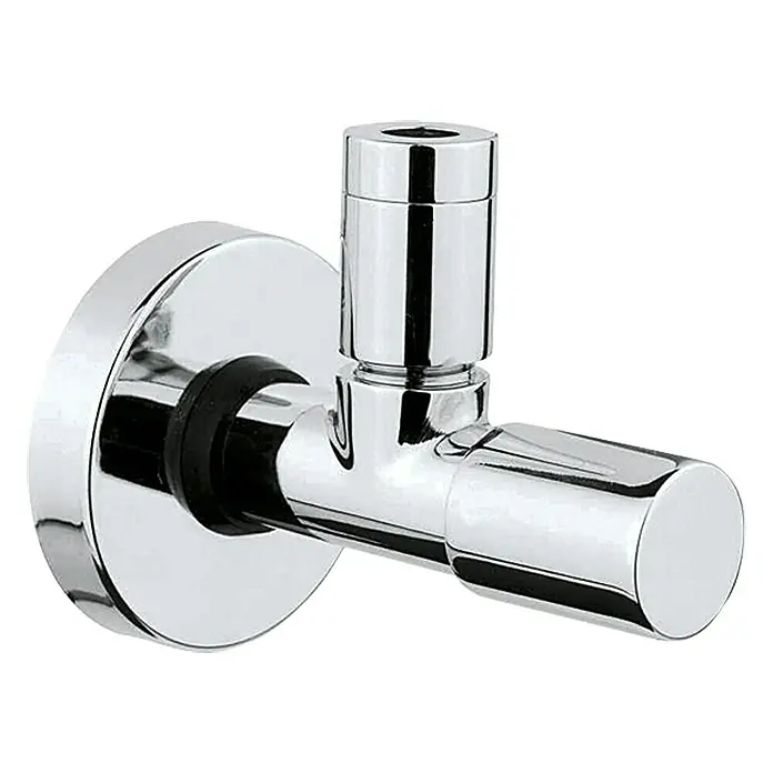 Bäderwelt Eckventil Samos - ½″, Durchmesser: 10 mm, Verchromt - Nahaufnahme eines glänzenden Eckventils aus Chrom mit schwarzer Gummidichtung und zylindrischem Design.