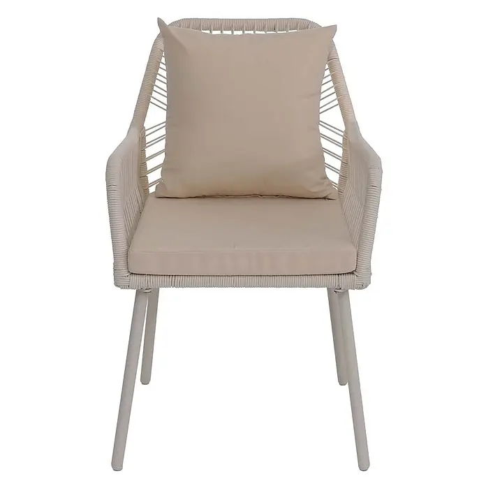 2er-Set Gartenstuhl | HxBxT 81x54x62cm | Outdoor Sitz-/Rückenpolster Aluminium Seilgeflecht Rope | Creme | Bezug Creme -  - Weißer Sessel im Korbgeflecht-Stil mit beigen Sitz- und Rückenkissen und schlanken Metallbeinen.