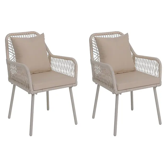 2er-Set Gartenstuhl | HxBxT 81x54x62cm | Outdoor Sitz-/Rückenpolster Aluminium Seilgeflecht Rope | Creme | Bezug Creme -  - Ein Paar beiger geflochtener Outdoor-Sessel mit passenden Kissen und Metallbeinen.