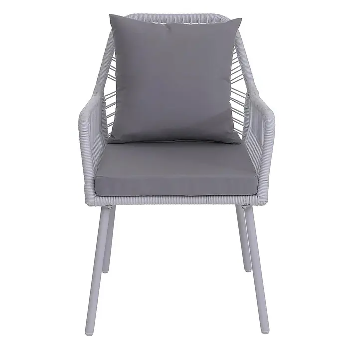 2er-Set Gartenstuhl | HxBxT 81x54x62cm | Outdoor Sitz-/Rückenpolster Aluminium Seilgeflecht Rope | Hellgrau | Bezug Hellgrau -  - Weißer geflochtener Outdoor-Sessel mit grauen Sitz- und Rückenkissen.