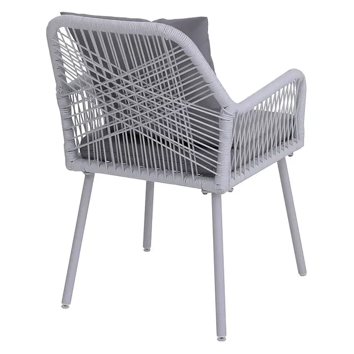 2er-Set Gartenstuhl | HxBxT 81x54x62cm | Outdoor Sitz-/Rückenpolster Aluminium Seilgeflecht Rope | Hellgrau | Bezug Hellgrau -  - Weißer Sessel mit Geflecht und grauen Polstern auf weißen Metallbeinen, von hinten gesehen.