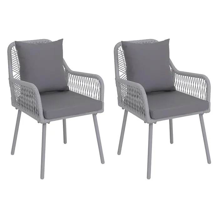 2er-Set Gartenstuhl | HxBxT 81x54x62cm | Outdoor Sitz-/Rückenpolster Aluminium Seilgeflecht Rope | Hellgrau | Bezug Hellgrau -  - Zwei graue Outdoor-Sessel aus Polyrattan mit grauen Kissen und Metallbeinen.