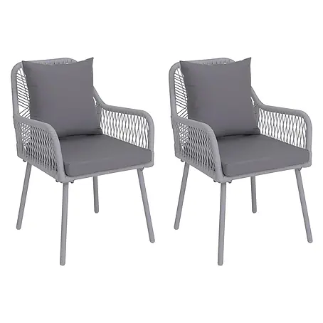 2er-Set Gartenstuhl | HxBxT 81x54x62cm | Outdoor Sitz-/Rückenpolster Aluminium Seilgeflecht Rope | Hellgrau | Bezug Hellgrau