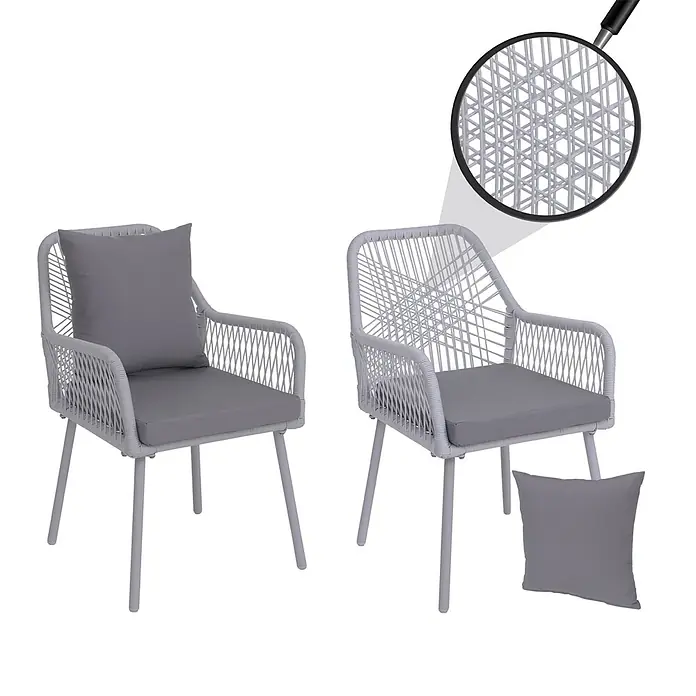2er-Set Gartenstuhl | HxBxT 81x54x62cm | Outdoor Sitz-/Rückenpolster Aluminium Seilgeflecht Rope | Hellgrau | Bezug Hellgrau -  - Zwei graue Outdoor-Sessel aus Geflecht mit passenden grauen Kissen. Eine Nahaufnahme zeigt das detaillierte Webmuster.