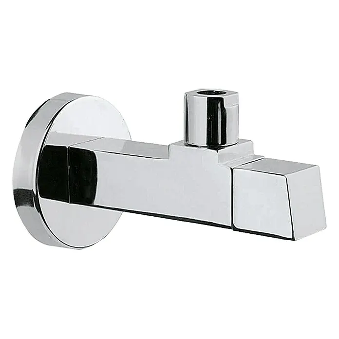 Bäderwelt Eckventil Mykonos - ½″, Durchmesser: 10 mm, Verchromt - Produktaufnahme einer glänzenden, silberfarbenen Armatur, die an einer Wand montiert wird und ein minimalistisches Design aufweist.