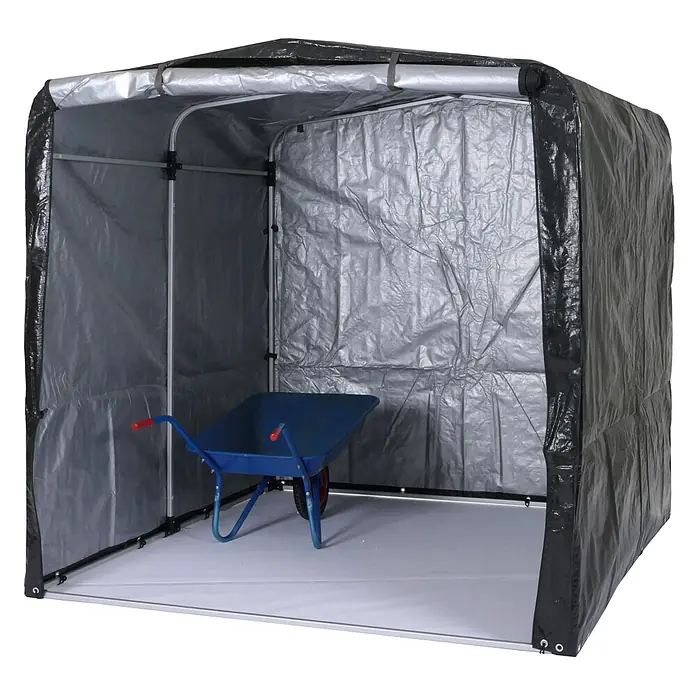 Gerätehaus | HxBxT 201x201x201cm | Gartenschuppen Geräteschuppen Gartenhaus | Anthrazit | Alu UV-Schutz wasserfest -  - Grau-schwarzer Planenschuppen mit silbernem Metallrahmen, mit blauer Schubkarre darin.