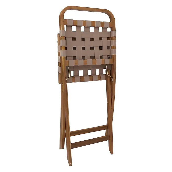 Garten-Set | Sitzgruppe Balkon-Set Garnitur 2x Stuhl Tisch | Seilgeflecht Akazie Holz klappbar | Natur/Creme -  - Zusammenklappbarer Holzstuhl mit Naturholzrahmen und hellbraunem Gurtband.